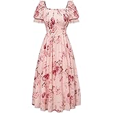 Scarlet Darkness Floral Dress for Women Summer Puff Sleeve Square Neck A Line Flowy Wedding Guest Tea Party Dresses