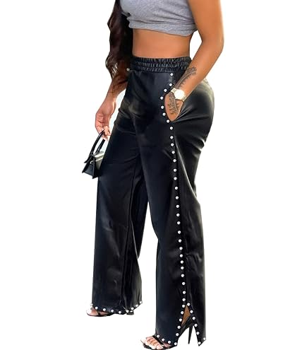 SOMTHRON Women's PU Faux Leather Pants Elastic High Waist Straight