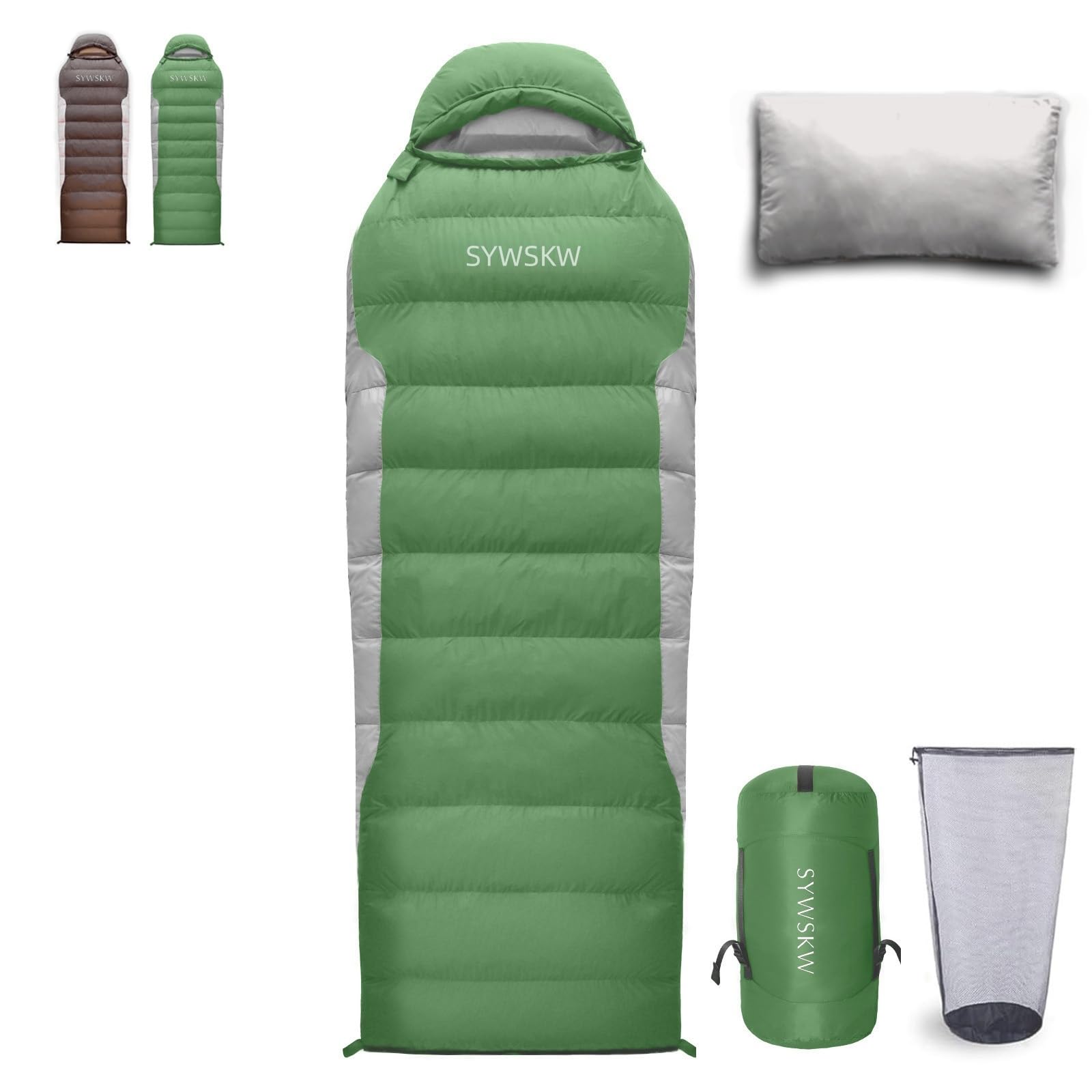 Photo 1 of SYWSKW Down Sleeping Bag with Pillow, Ultralight Rectangular Sleeping Bag for Adults, Youth Backpacking,Hiking and Camping Outdoor with YKK Two-Way Zipper 680 FP Down (Green 23?)