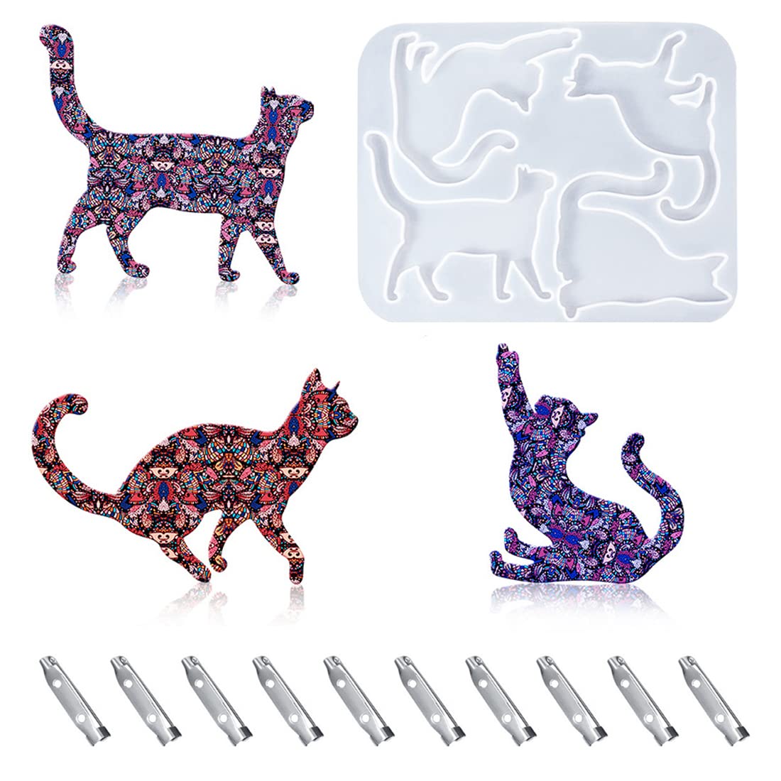 Nifocc 4 Cavity Cat Resin Mold Jewelry Casting Molds Brooch MoldAnimal Silicone Mold Crystal Mold with 10pcs Brooch Pin for DIY Crafts Keychain Earring Charms