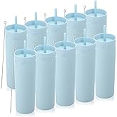 Volhoply 20oz Plastic Skinny Tumblers Bulk 10 Pack,Double Wall Tumbler with Lid and Straw,BPA Free Matte Acrylic Iced Coffee Cups with Straw,Reusable Travel Cute Mug for Party,DIY Gift(Blue, 10 Set)