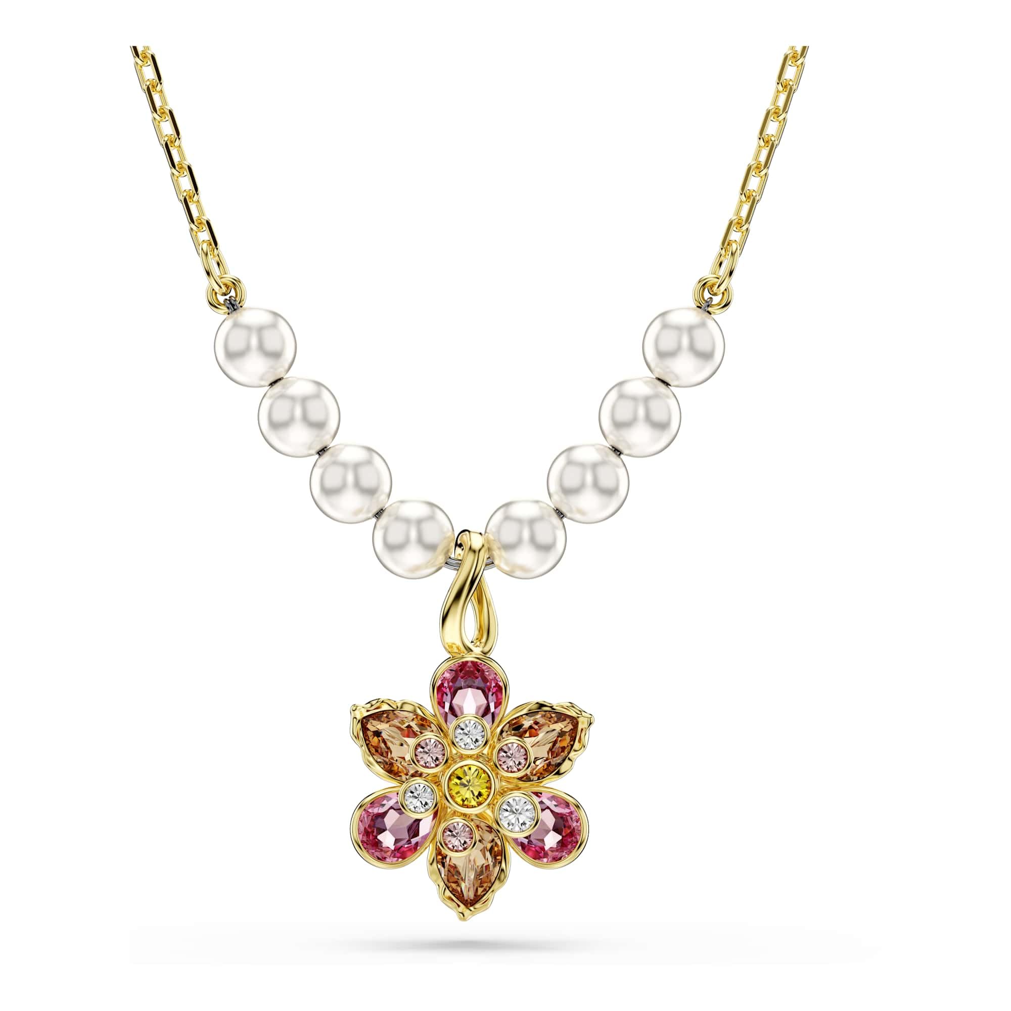 Swarovski Idyllia Pendant Necklace, Flower Motif with Multicoloured Mixed-Cut Crystals and Crystal Pearls in a Gold-Tone Finished Setting, Part of the Idyllia Collection