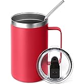 Volhoply 16oz Insulated Coffee Mug with Lid and Straw, Stainless Steel Travel Mugs with Handle, Double Wall Vacuum Leak Proof Coffee Tumbler Cup (Red,1)