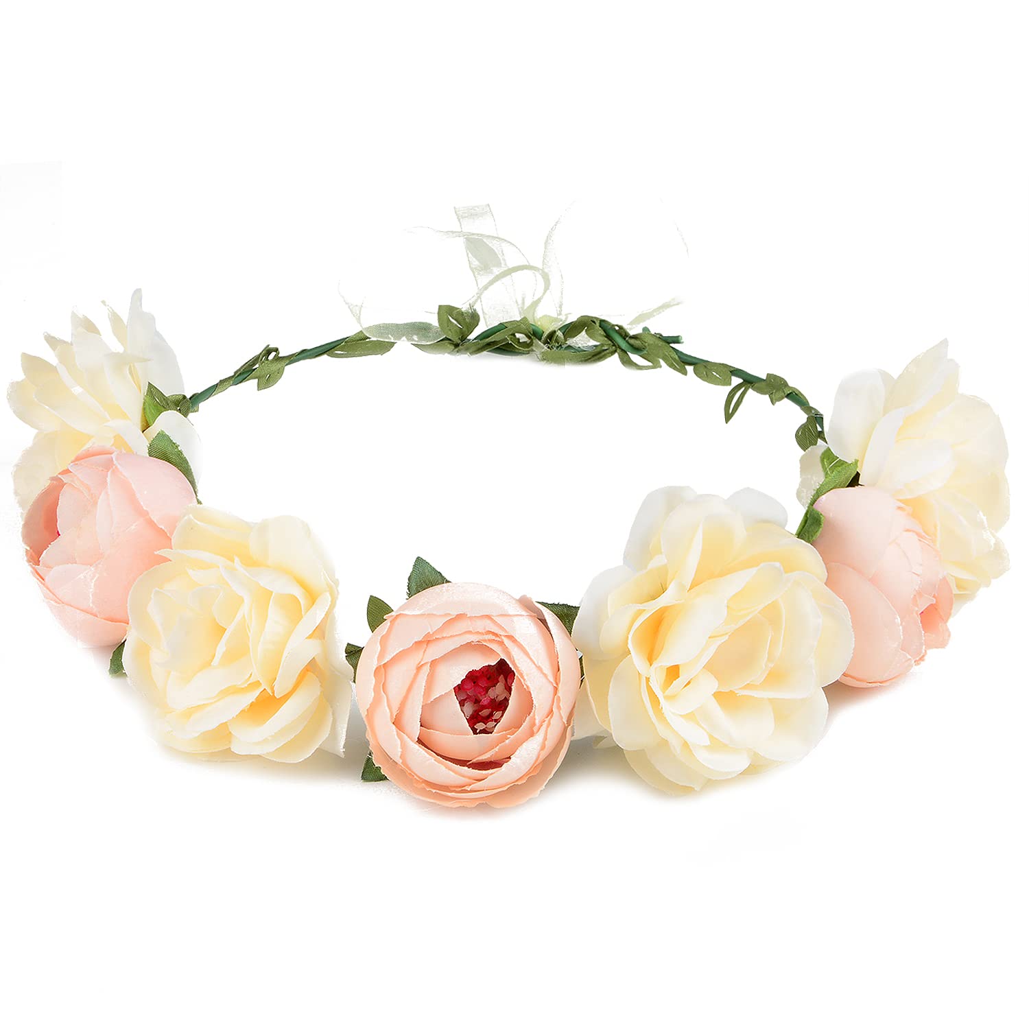 Flower Crown Rose Peony Garland Headband Hair Wreath Floral Headpiece with Adjustable Ribbon Wedding Festival Party (champagne)