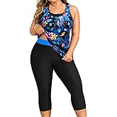 Yonique 3 Piece Plus Size Swimsuits for Women Tankini Tops with Sports Bra and Swim Capris Athletic Bathing Suits