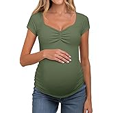 Tankaneo Womens V Neck Maternity Tops Cap Sleeve Fitted Breastfeeding T Shirts Summer Pleated Pregnancy Clothes