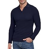 YTD Men's Muscle V Neck Polo Shirts Slim Fit Long Sleeve Golf T-Shirts Ribbed Knit Soft Casual Tees