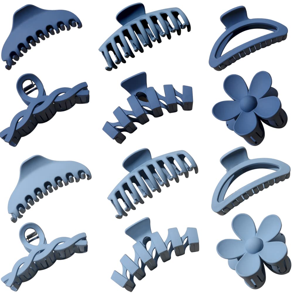 12 Pcs Claw Clips, Multi-Shapes Hair Clips for Women, Non-Slip Large Jaw Claw Clips for Thick Thin Curly Hair Accessories (Blue)