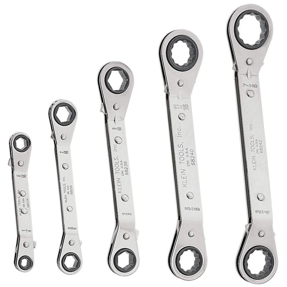 KLEIN TOOLS 68245 Reversible Ratcheting Box Wrench Set, 5-Piece, Black, Made in USA