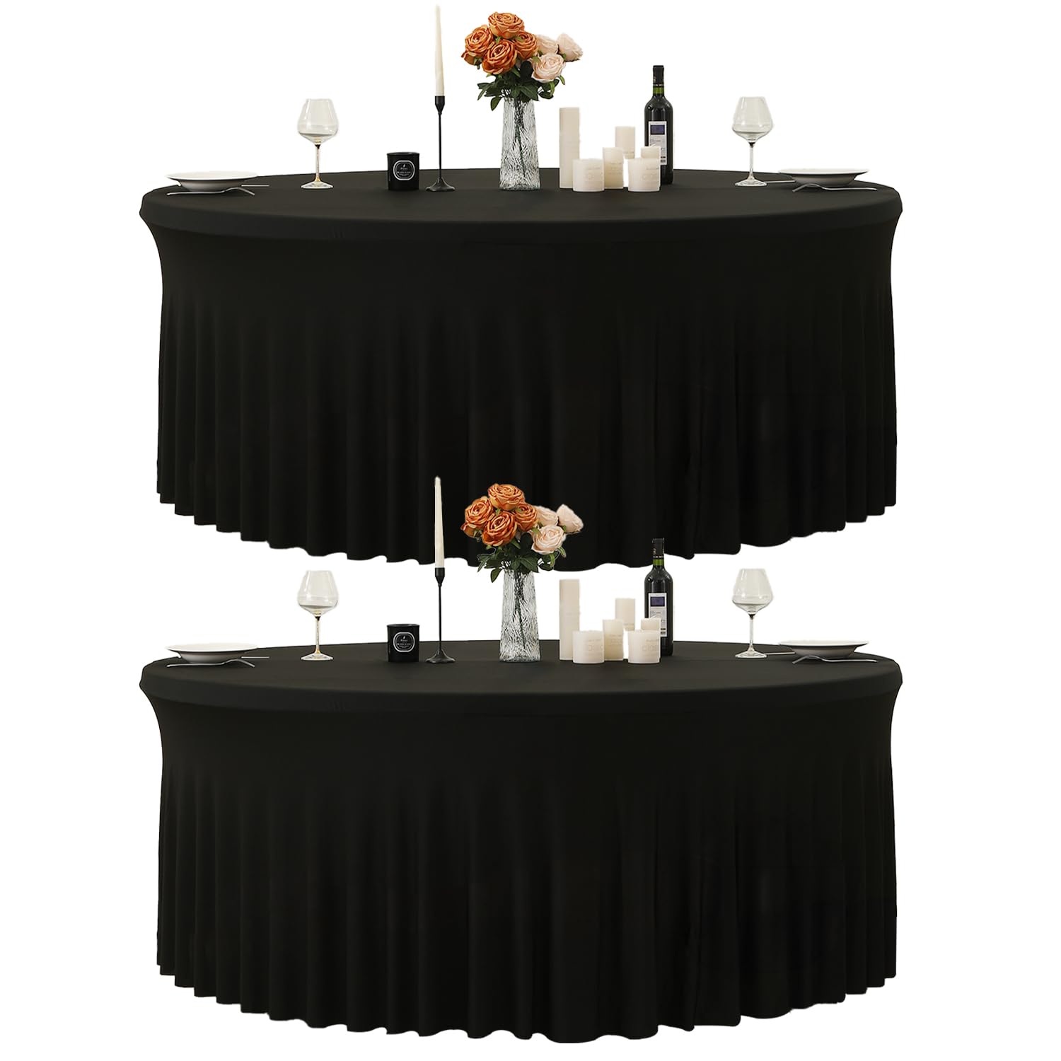Photo 1 of 2 Pack Black Table Cloth for 5FT Round Tables, Fitted Spandex 120 inch Round Tablecloth, Wrinkle Free Black Table Skirt for Receptions Birthday Holiday Dinner Banquet Juneteenth Decorations