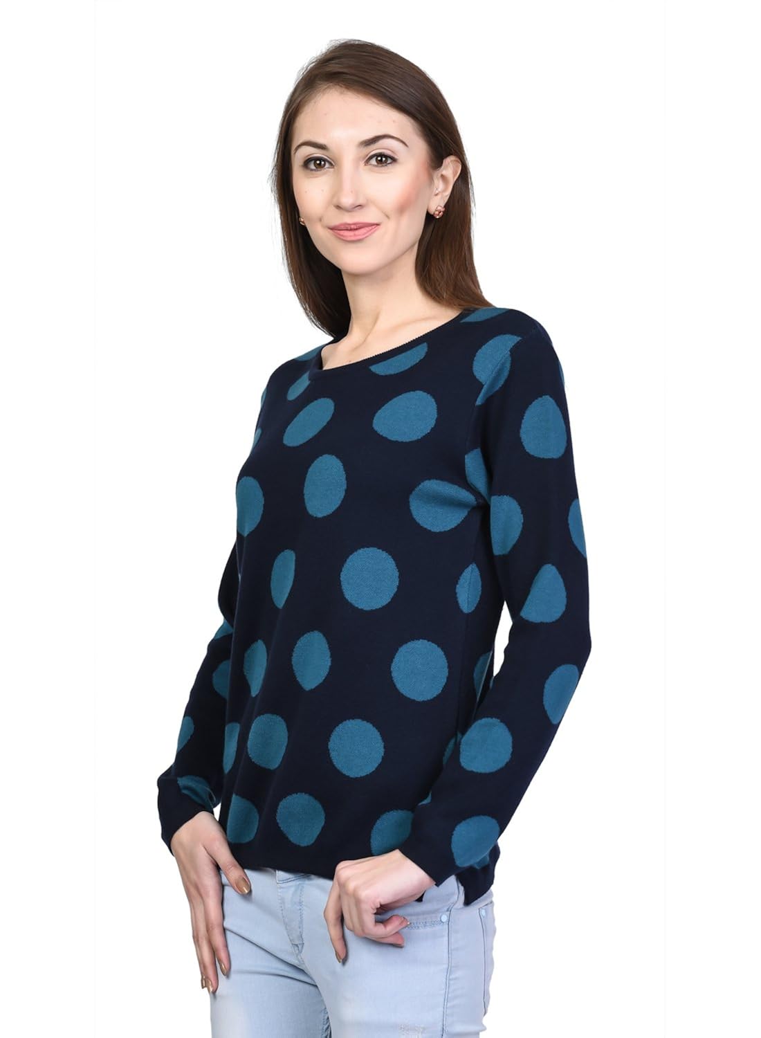 kalt women's round neck full sleeve polka cotton blend jacquard sweater (multicolour, small)