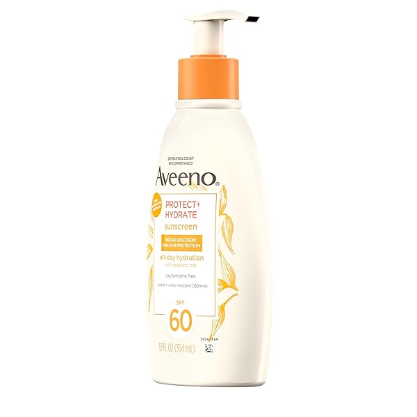 AVEENO PROTECT + HYDRATE SUNSCREEN MOISTURIZING LOTION WITH PREBIOTIC OAT, BROAD SPECTRUM SPF60, PARABEN, & OIL FREE, WEIGHTLESS, WATER & SWEAT RESISTANT (80-MIN) FOR SENSITIVE SKIN, 12 FL OZ