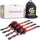 Strapinno Retractable Ratchet Straps - 1 in x 12 ft Heavy Duty Tie Downs, 1800lbs Breaking Strength Each, S Hooks with Safety Clip, AutoRetract, for Moving, Motorcycle, Boat, Kayak, and Cargo (4 PCS)