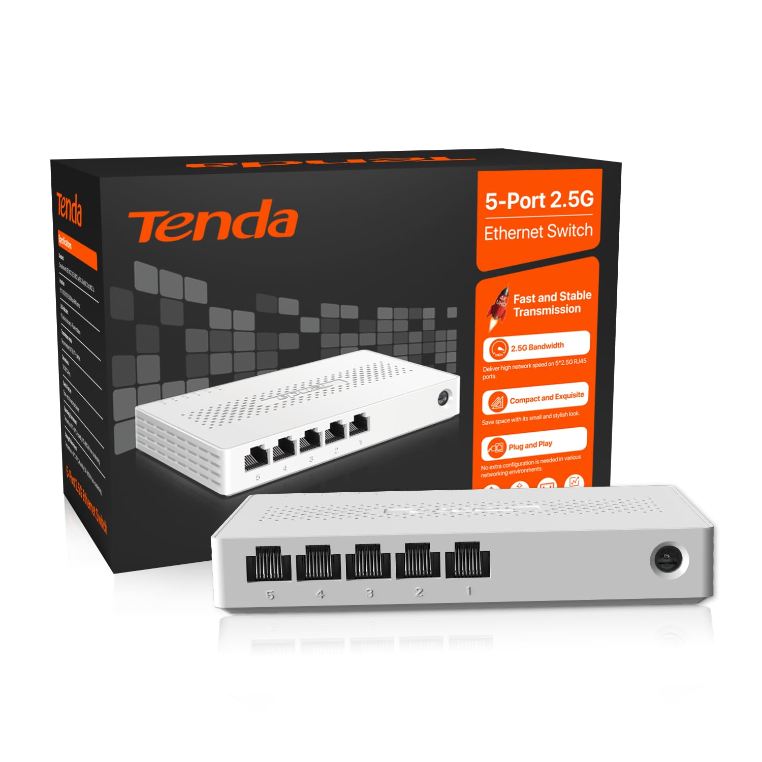 Tenda SE105 Switch 2.5Gbit, 5-Port Netzwerk Switch 2.5 Gbit LAN Switch (Plug-and-Play LAN Verteiler, Unmanaged, Lüfterlos, Ideal für 2,5G NAS, Server, WiFi 6/7 AP, Gaming-PC) 8