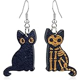 QUPENGXU Kawaii Halloween Cat Earring Wooden Black Cats Dangle Earrings Skeleton Cat Drop Earring For Women