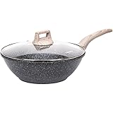 Carote Nonstick Woks and Stir Fry Pans with Glass Lid,Granite Coating Wok Pan,12-Inch,Black