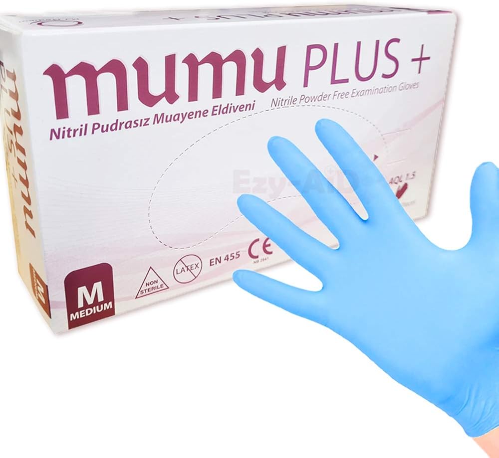 100pk EzyAid Mumu BLUE Nitrile Gloves EN455, EN374 Premium Medical