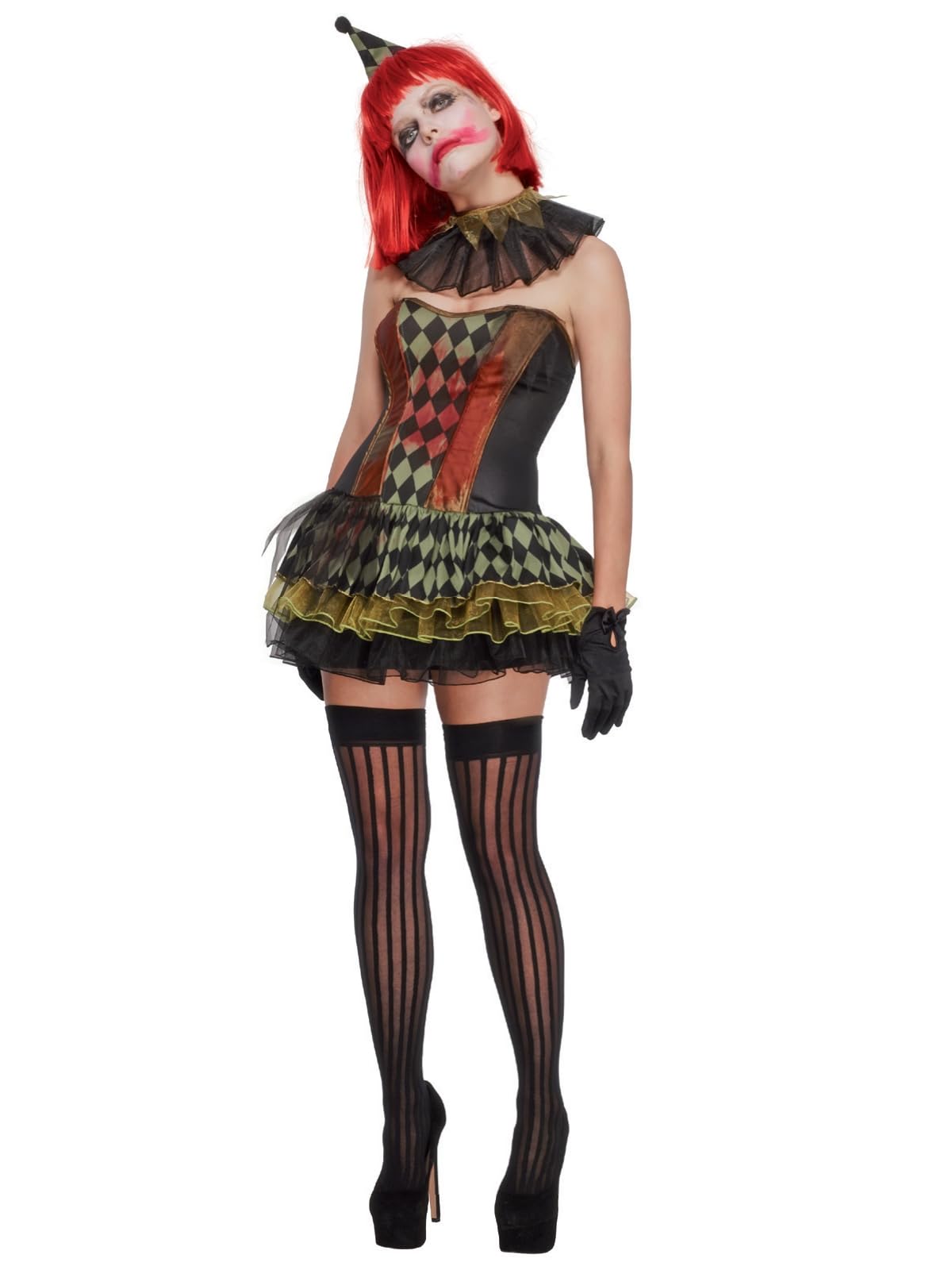 Smiffys Fever Creepy Zombie Clown, Black with Tutu Dress, Hat and Collar, Fever Fancy Dress, Clown Dress Up Costumes