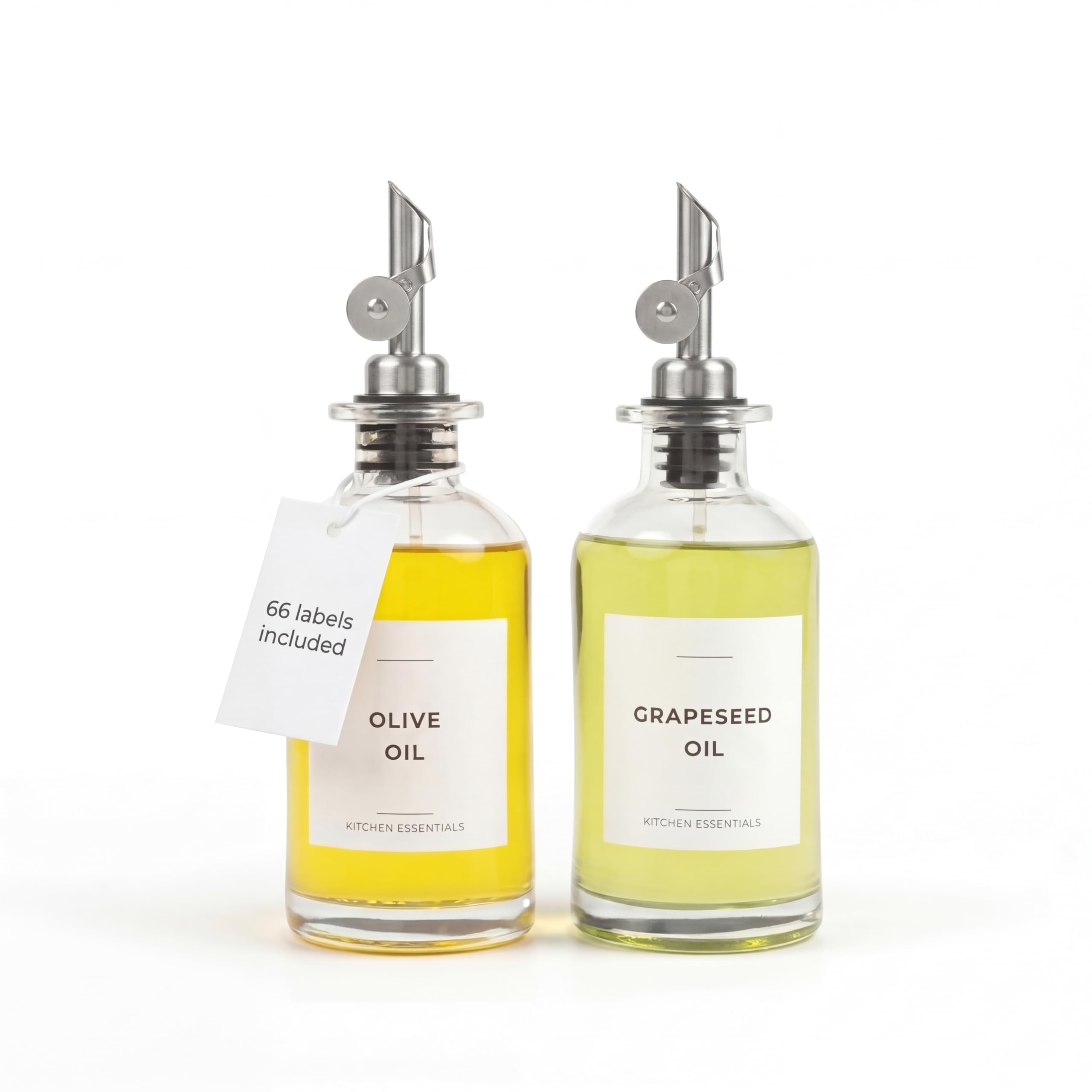 Spaceneat Olive Oil Dispenser Bottle - Includes 55 Kitchen Essential Labels - Cooking Oil Bottles for Kitchen, Coffee Syrup Dispenser - Pourer Spout with 11.8 fl oz Glass Container Cruet - 2pcs Silver