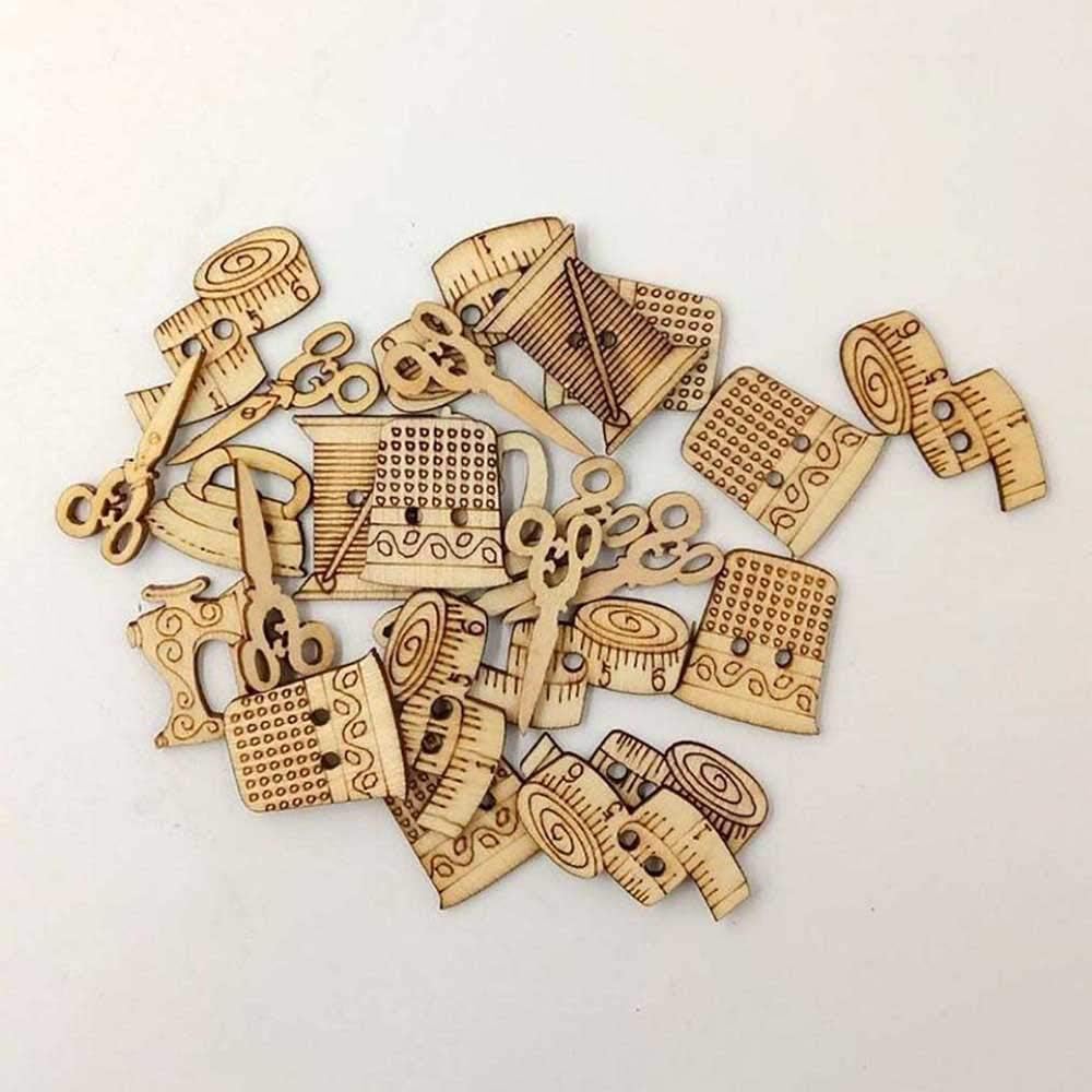 DAWEIF 50Pcs DIY Sewing Tool Shape Wooden Buttons Needlework Scrapbooking Craft Handmade Decorative