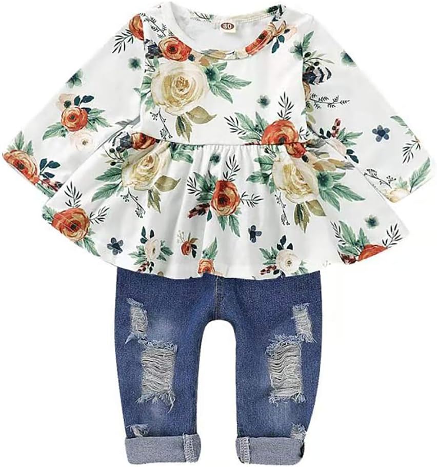Girl Clothes Outfits, Cute Toddler Baby Ruffle Sleeve Floral T-Shirt Tops with Ripped Jeans Pants Set