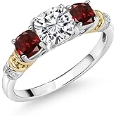 Gem Stone King 925 Sterling Silver and 10K Yellow Gold IGI Certified Lab Grown Diamond and Garnet 3 Stone Ring For Women | 1.89 Cttw | Center 1 Ct Cushion Diamond | E-F Color | VS1-VS2 Clarity