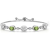 Gem Stone King 925 Sterling Silver White Lab Grown Diamond and Green Peridot Bracelet For Women | 3.90 Cttw | Gemstone April Birthstone | Oval 7X5MM | Fully Adjustable 9 Inch