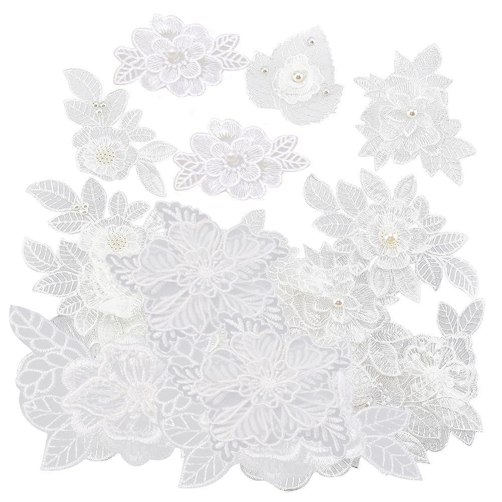 NBEADS 18 Pcs White Flower Embroidery Patch, 9 Styles White Organza Embroidery Lace Appliques Flower Appliques Sew on Patches for Decoration Or Repair of Clothing Backpacks Jeans Caps Shoes