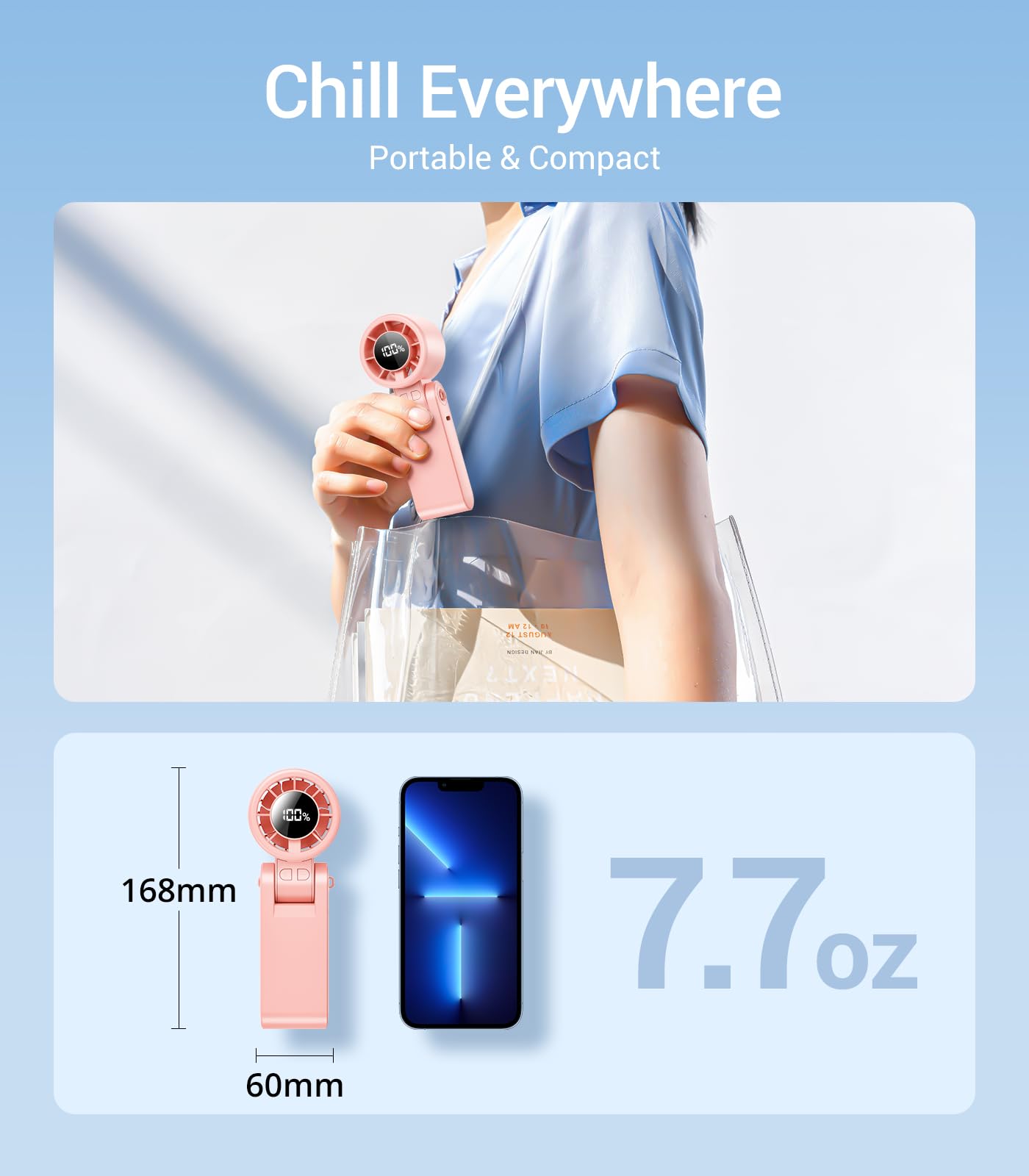 Qtitis Portable Handheld Turbo Fan, 100 Gear Wind, Battery Operated, 3 IN 1 Hand Fan with Air Turbo Tech Cooling Fans for Outdoor Activities, Travel, Working, Makeup