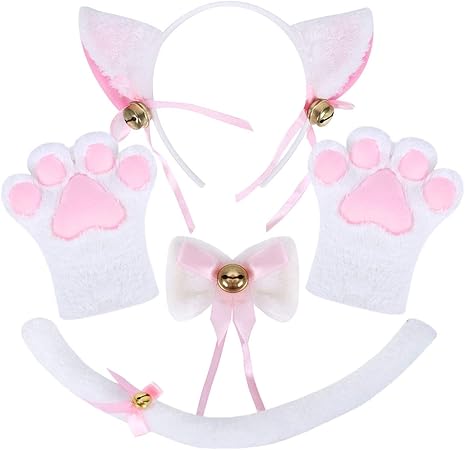 Amazon ねこコスチューム 猫耳 猫尻尾 首輪風蝶ネクタイ ネコ手 肉球手袋 コスプレ 小道具 ふわふわ女性コスプレ パーティーハロウィーン 肉球 カチューシャ ねこコスチューム パーティーハロウィーンコスプレ仮装 萌えにゃんこ 可愛い 女性 子供 ホワイト キッズ