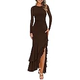 BTFBM Women's Maxi Dresses Spring 2026 Long Sleeve Ruched Bodycon Solid Ruffle Mermaid Cocktail Wedding Guest Dress