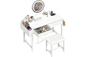 KAI-ROAD Makeup Vanity Desk with Mirror and Lights - Girls White Vanity Table Set with Chair, Fabric Drawers, Power Outlet, Small Modern Make Up Dressing Table for Bedroom