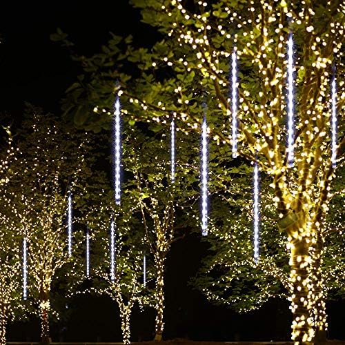 Waterproof Meteor Shower Rain Lights - Amicool 8 Tubes x 144LED Christmas Icicle Meteor Lights USB Plug Falling Drop Snow Lights for Christmas Wedding Party Urban Night Lighting New Year,Shine (White)