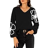 Pink Queen Women's Pullover Sweaters 2025 Knit Floral V Neck Tunic Pullover Long Sleeve Oversized Fall Casual Sweater