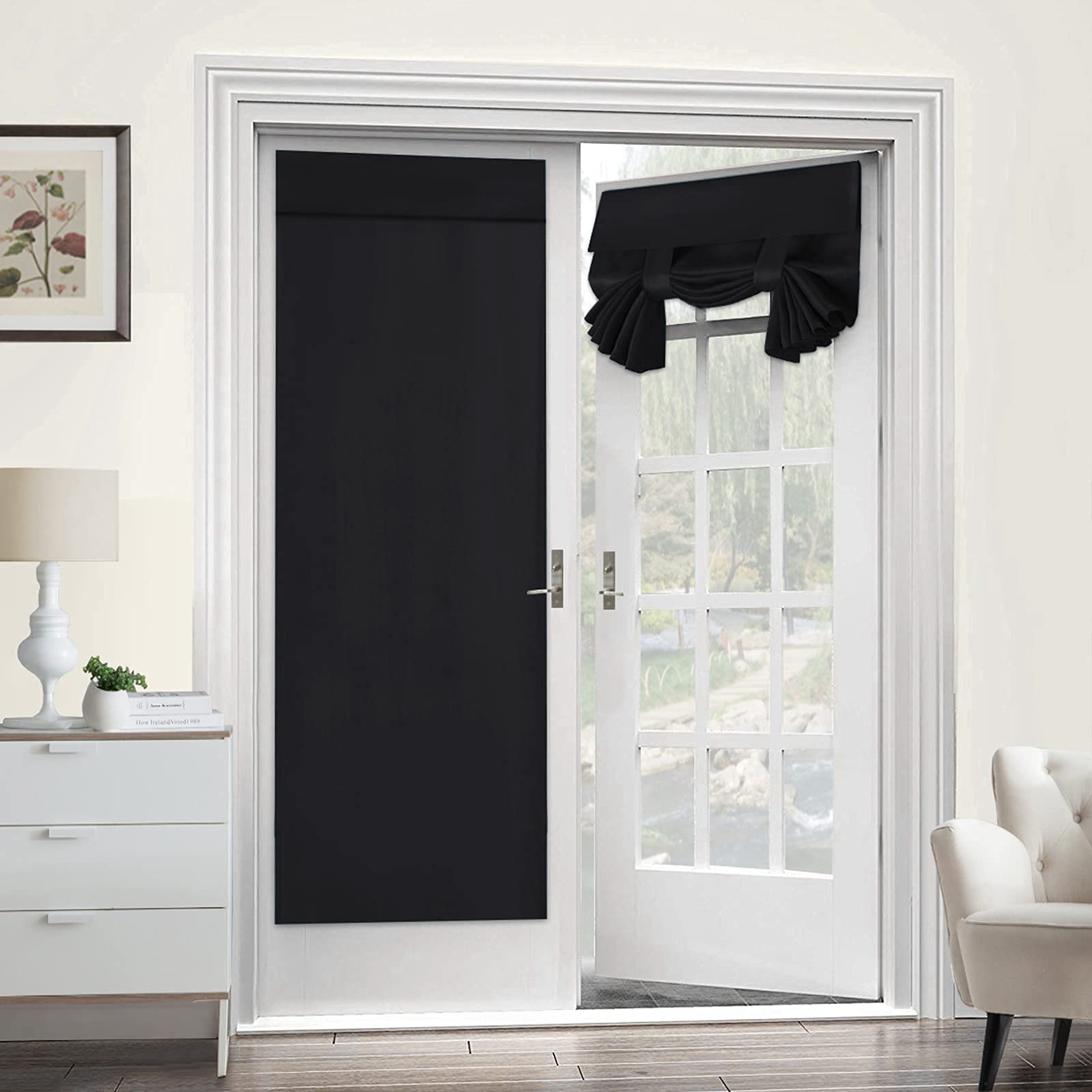 Topchances French Door Panel Curtains Set of 2, Punch-Free Velcro Blackout Door Curtains, Thermal Insulated & Dustproof Door Curtains for Patio Door/Indoor 26" x 68" (Black)