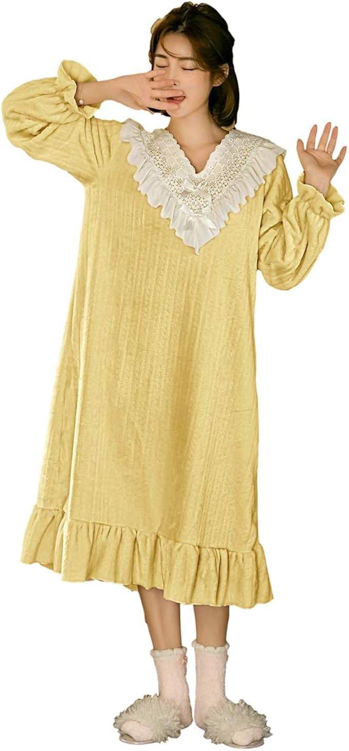 三好優品 ネグリジェ レディース 冬 厚手 レース 姫系 ルームウエア ワンピース 暖かい 長袖 ゆったり 部屋着 かわいい ルームワンピース ネグリジェ 通販 Amazon