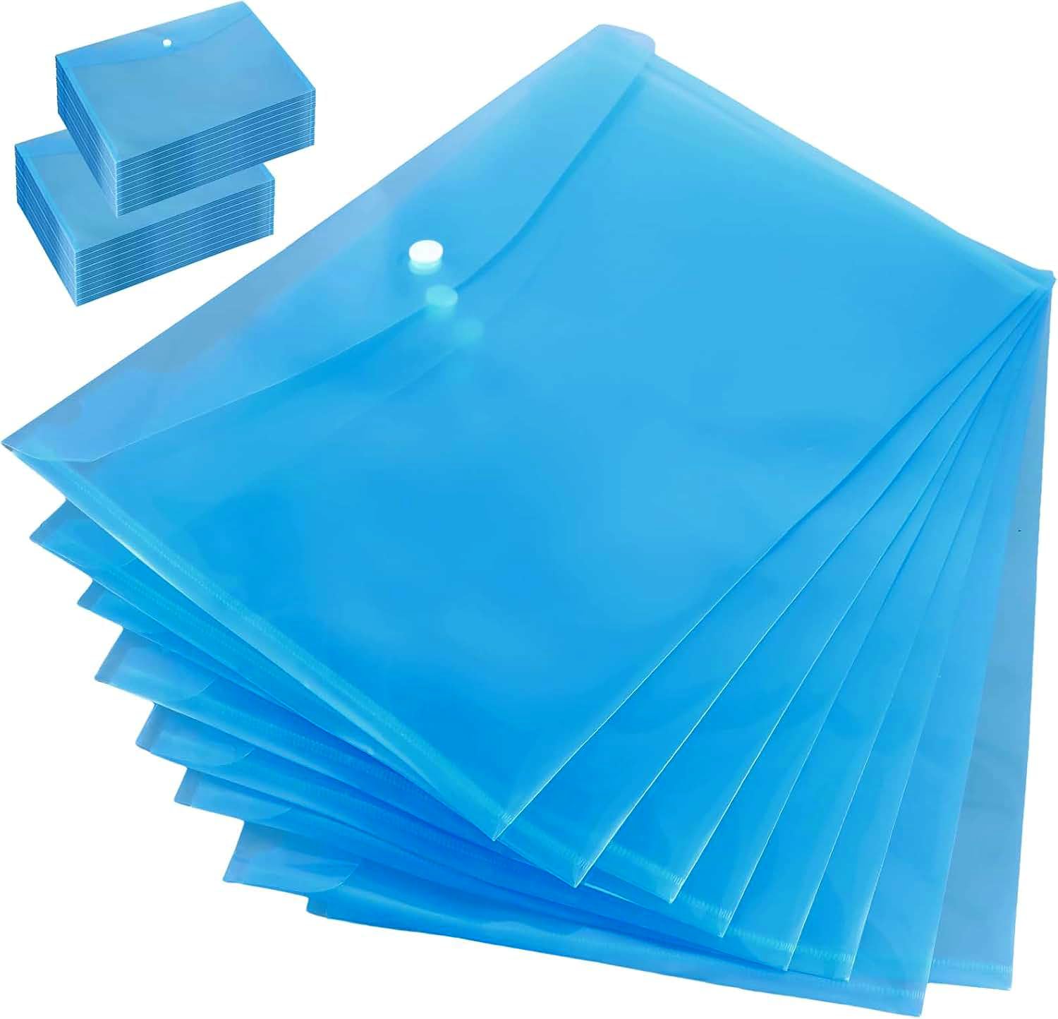 SINJEUN 50 Pack A4 Blue Plastic Wallets with Snap Closure, Waterproof & Transparent, Modern Style File Folders for Office, School