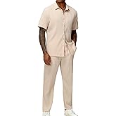 LecGee Men's 2 Piece Vertical Striped Textured Outfits Summer Casual Button Down Shirts And Pants Matching Sets