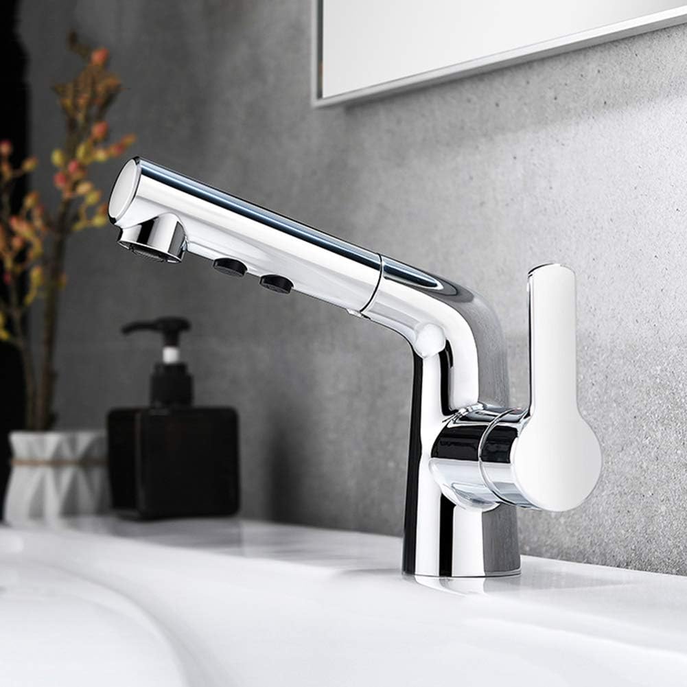 CGGDP One-Handle Pullout Kitchen or Laundry Faucet, Modern Lavatory Vessel Sink Faucet, Utility Single Hole Kitchen Sink Faucet with Pull Out Sprayer, Basin Mixer Tap, Brass