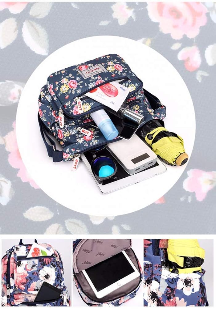 Womens Multi-Pocket Casual Crossbody Handbags Waterproof Flowral Printed Shoulder Nylon Bags Travel Messenger Bags (Floral-Orange) - Image 4
