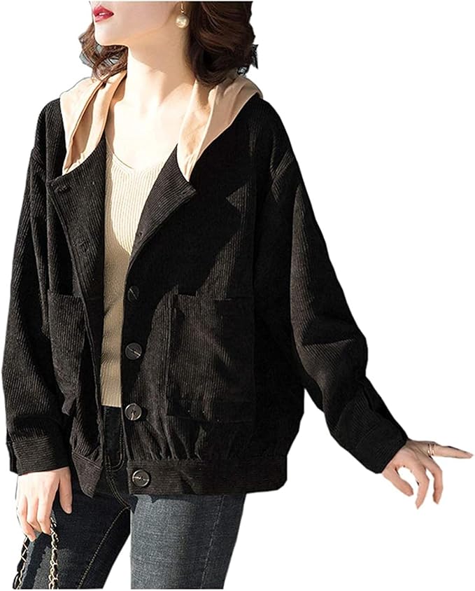 Women Vintage Corduroy Hooded Coat Jacket Loose Fit Long Sleeve Outwear Coat Amazon.co.uk