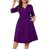 AMCLOS Womens Plus Size Dress V-Neck Elegant Cable Twist Crossover Flowy with 2 Pockets Roll up 3/4 Sleeve Casual Church Maxi Dresses(Purple,2XL)