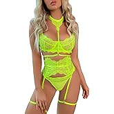 Kaei&Shi Garter Lingerie Set for Women, Sexy Floral Lace, Strappy High Waisted Hide Belly, 4 Piece with Exotic Choker Belt