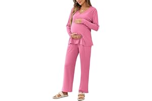 FMEYOA Women's Maternity Pajamas Sets 2 Piece Ribbed Outfits Long Sleeve V Neck Pullover and Long Pant Pregnancy Loungewear