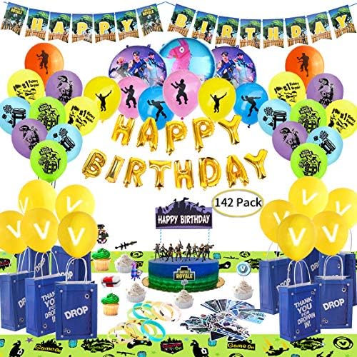 Birthday Party Supplies for Game Lovers, 142 pcs Gaming Theme Party Decorations - include Balloons, Party Favors Bags, Table Cover, Bracelets, Banner, Stickers, Cake Toppers