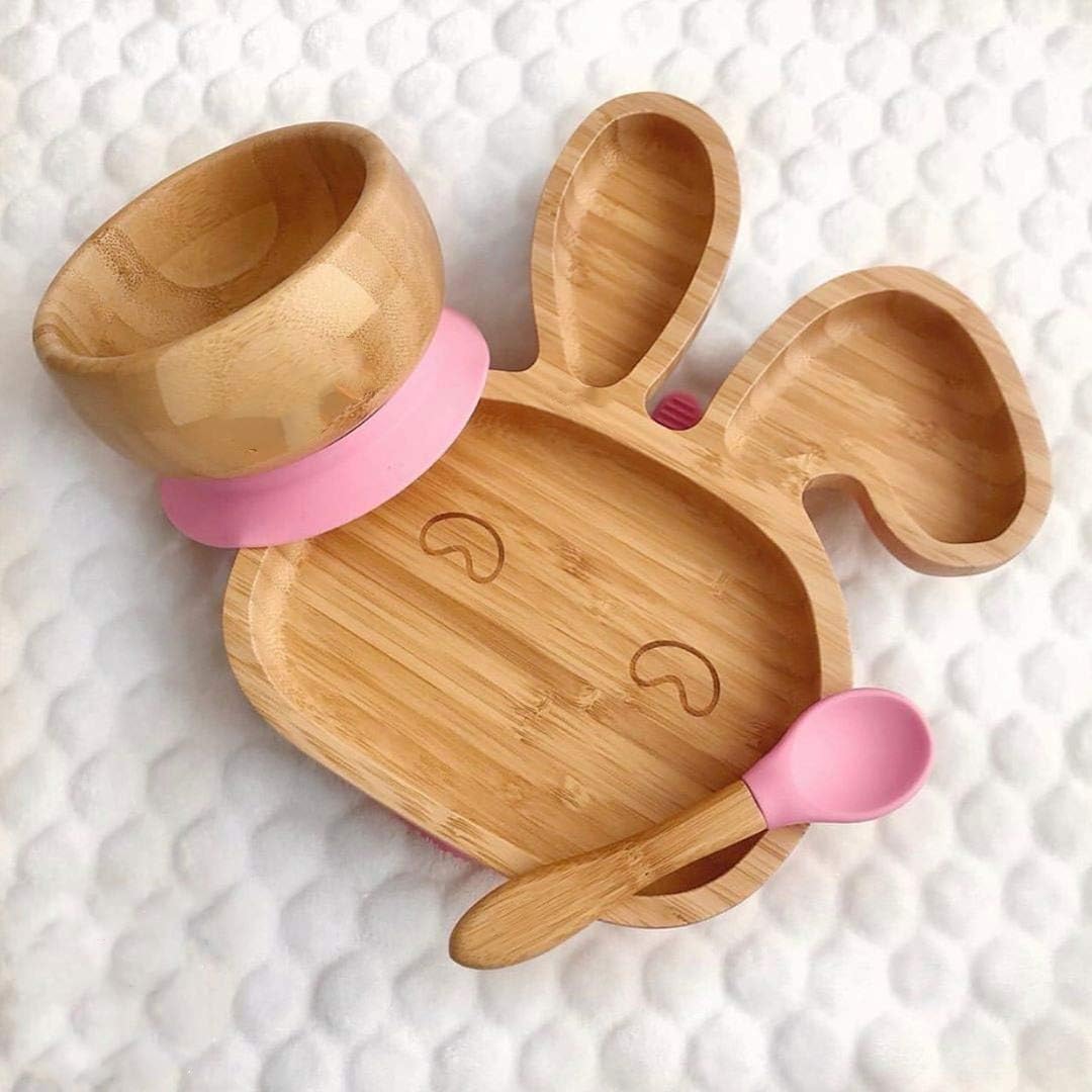Baby Toddler Bunny Suction Plate, Stay Put Feeding Plate and Bowl, Natural Bamboo (Pink),Pink