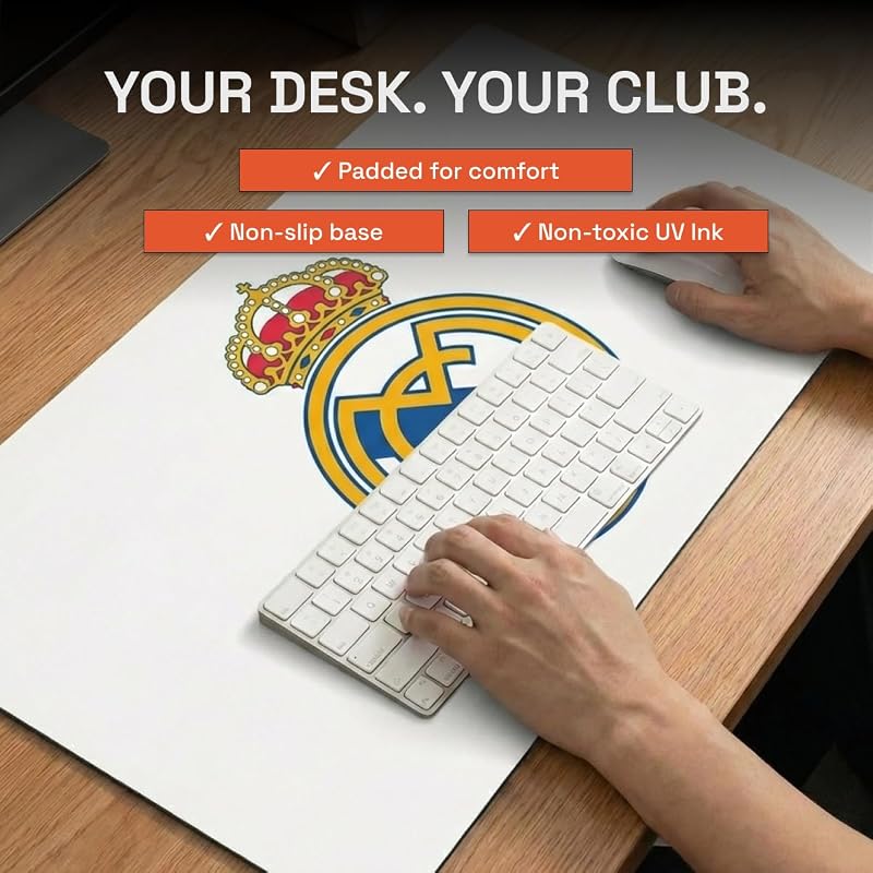 Tappetino da scrivania Real Madrid con stemma a colori su sfondo bianco, 43 x 90 cm