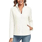 Anyhold Women's Lightweight Full Zip Jacket Diamond Quilted Coat Long Sleeve Stand Collar Trendy Winter with Pockets