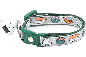 PUGS TO PERSIANS Sushi Cat Collar with Onigiri Bell | Adjustable Large Size or Kitten Collar | Safety Breakaway Collarr (Small(10lbs & Less), Silver)
