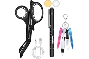 RISEMART Rechargeable Pen light & Medical Scissors for Nurse -7.5"Trauma Shears Warm/white Penlight with Pupil Gauge,with 4 Pen Set for Nurse,Nursing Student, Doctor #Black Bandage Scissors+ Black Pen Light
